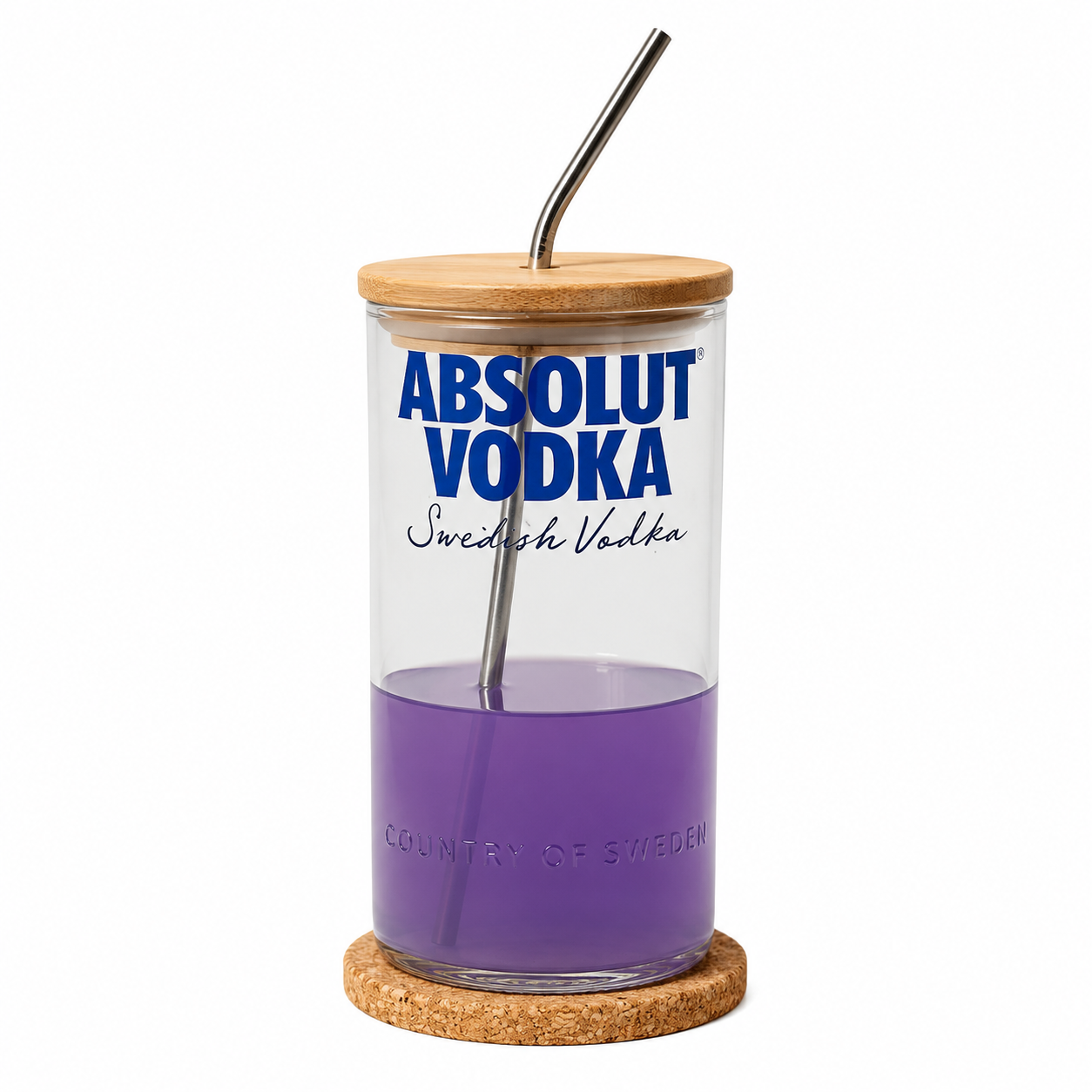 Eboula Absolut Bottle Sipper | Upcycled Glass Bottle with Wooden Lid & Steel Straw | Eco-Friendly Recycled Drinkware