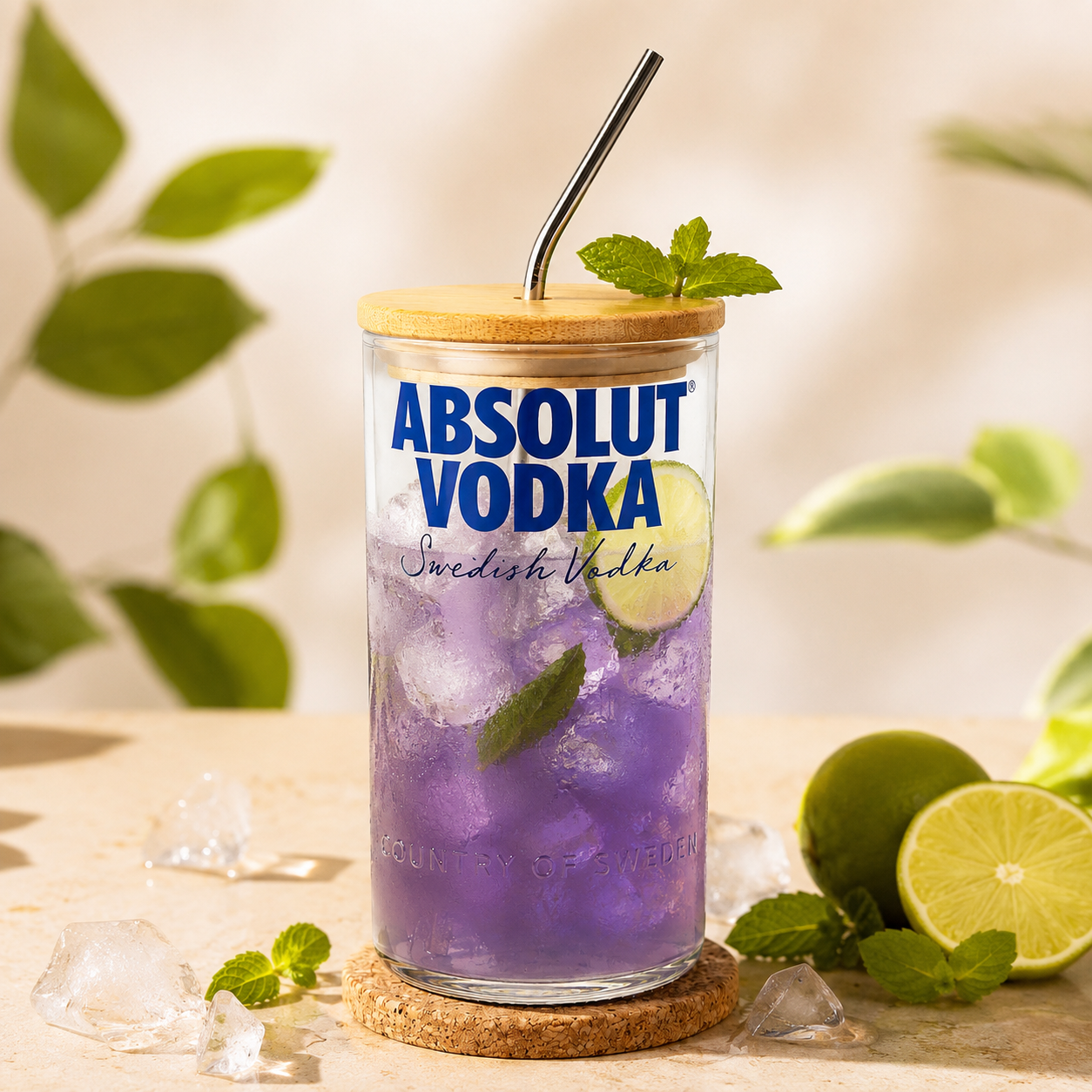 Eboula Absolut Bottle Sipper | Upcycled Glass Bottle with Wooden Lid & Steel Straw | Eco-Friendly Recycled Drinkware