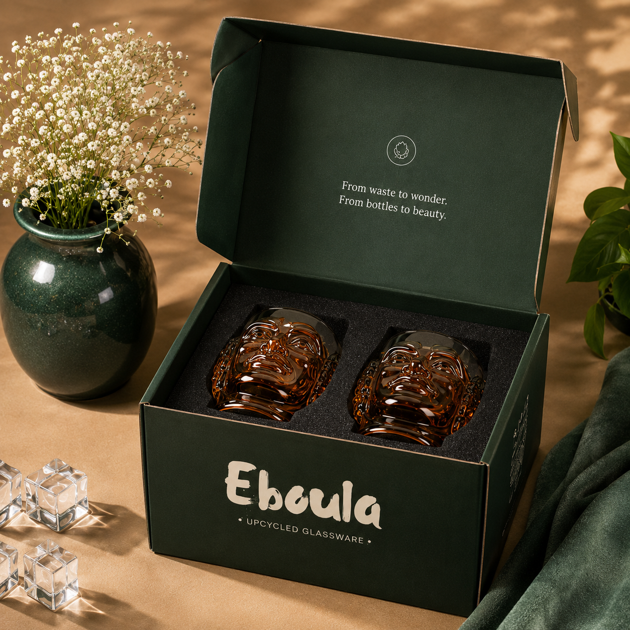 Eboula Upcycled Old Monk Face Glasses | Handmade Recycled Bottle Whiskey Glasses | 300ml | Premium Sustainable Drinkware | Set of 2